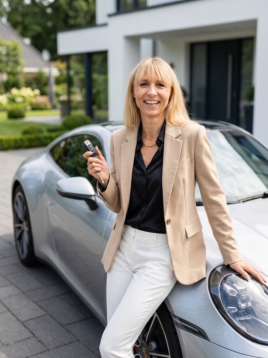 Lena Hoffmann mit Sportwagen vor ihrer Villa