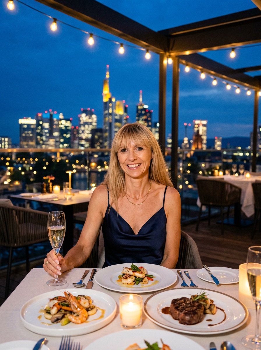 Lena Hoffmann beim Dinner über den Dächern der Stadt