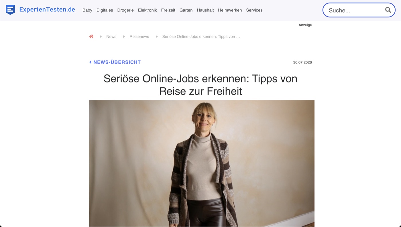 Artikel auf ExpertenTesten.de: „Seriöse Online-Jobs erkennen: Tipps von Reise zur Freiheit“