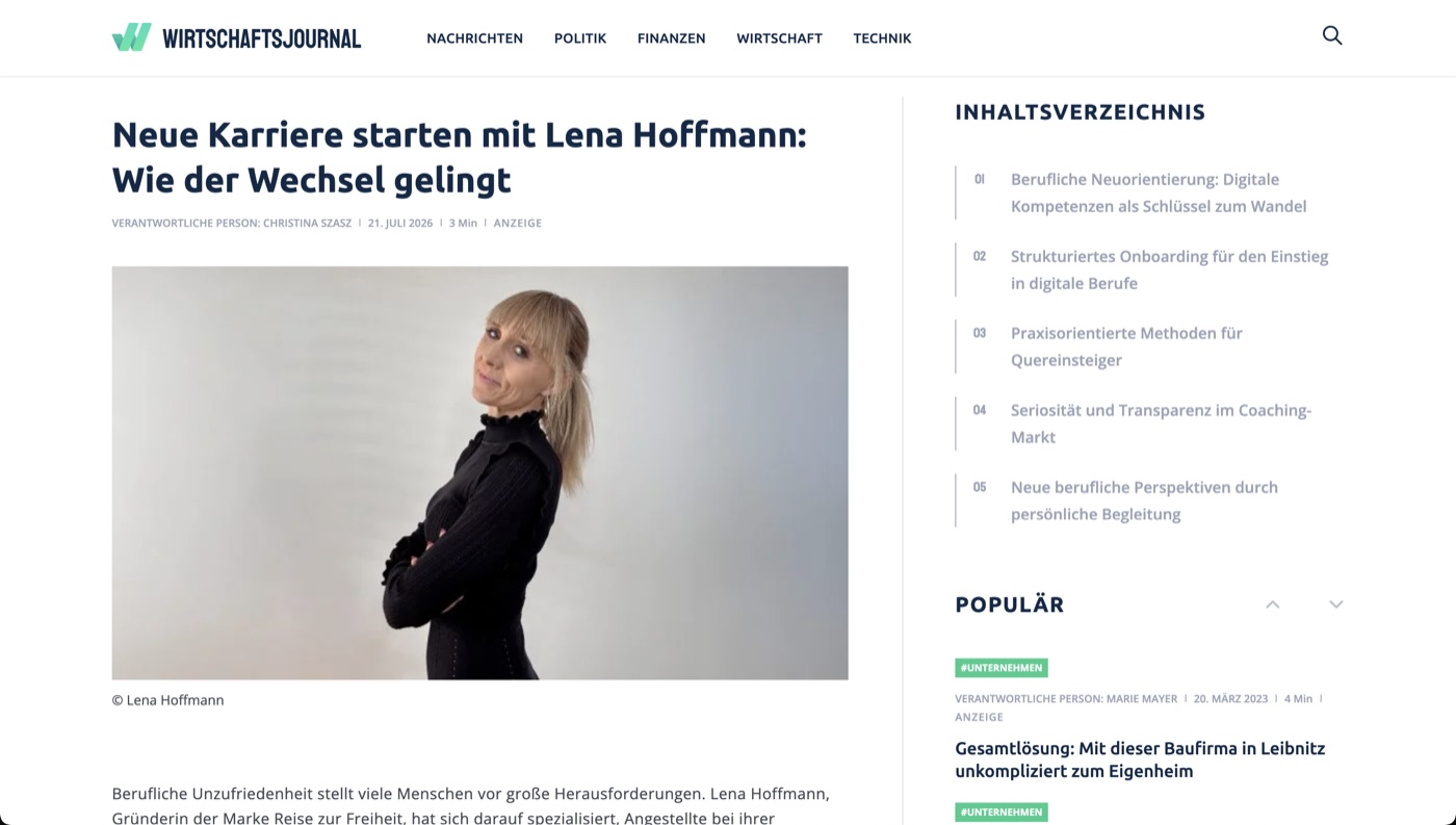 Artikel auf Wirtschaftsjournal.com: „Neue Karriere starten mit Lena Hoffmann: Wie der Wechsel gelingt“