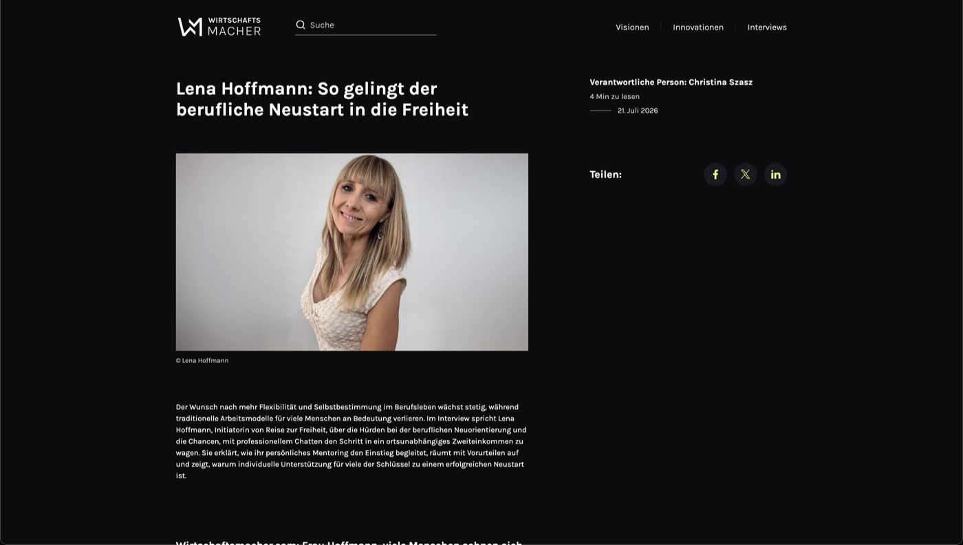 Artikel auf Wirtschaftsmacher.com: „Lena Hoffmann: So gelingt der berufliche Neustart in die Freiheit“